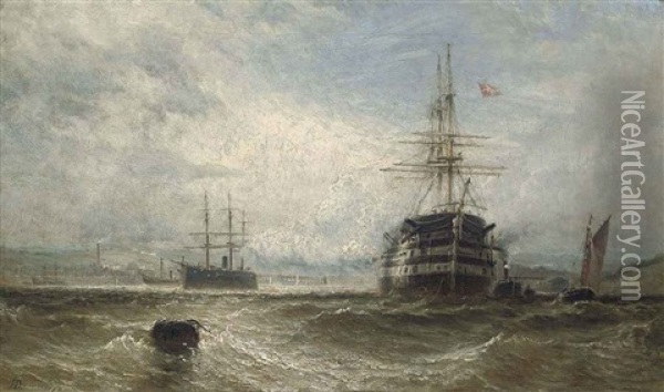 A Breezy Day In The Hamoaze, Plymouth Sound Oil Painting - Henry Dawson