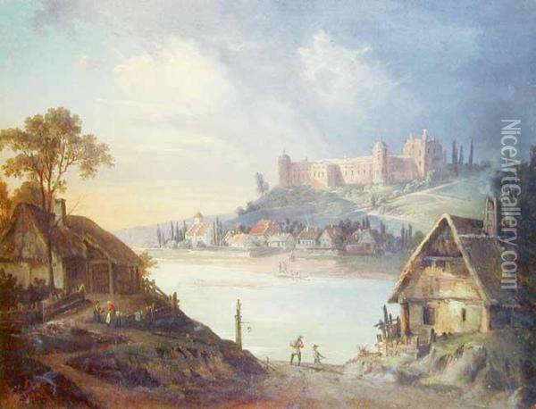 Pejzaz Z Zamkiem I Rzeka Oil Painting - Franciszek Ruskiewicz