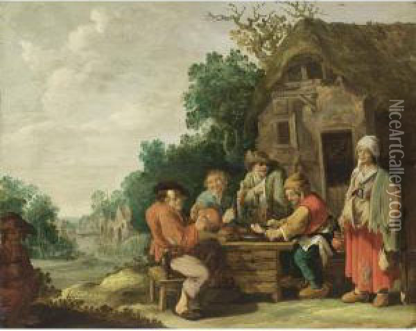 Peasants Eating And Drinking In Front Of An Inn, With A Maid Serving, A Village Beyond Oil Painting - Andries Dirksz. Both