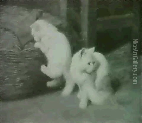 Zwei Weisse Katzen Mit Weidenkorb Oil Painting - Arthur Heyer