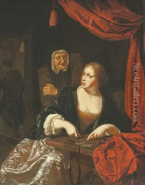 Une Courtisane Comptant De L'argent, Une Entremetteuse Al'arriere-plan Oil Painting - Willem van Mieris