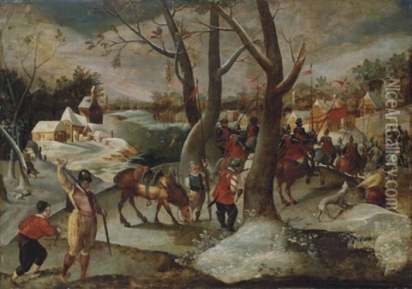 Winter Landscape With The Massacre Of The Innocents Oil Painting - Jan Brueghel the Elder
