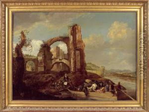 Le Passage Du Bac Devant Des Ruines Oil Painting - Hendrick Mommers