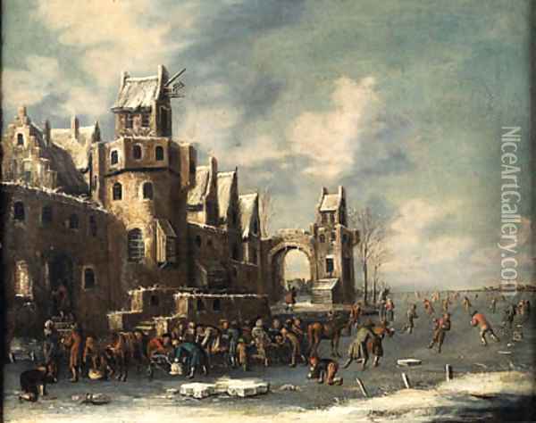 A winter landscape, with skaters and horse-drawn sledges beneath the walls of a town Oil Painting - Thomas Heeremans