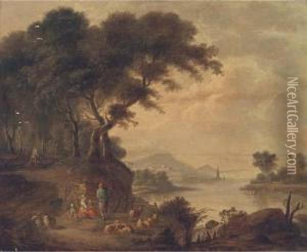 A Wooded River Landscape With Figures And Sheep, A Townbeyond Oil Painting - Antoine Pierre Verhulst