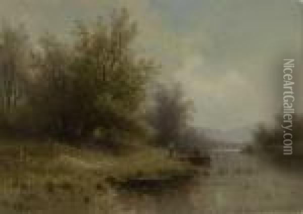 Bewaldetes Flussufer Mit Fischer Und Seinem Madchen Oil Painting - Albert Rieger