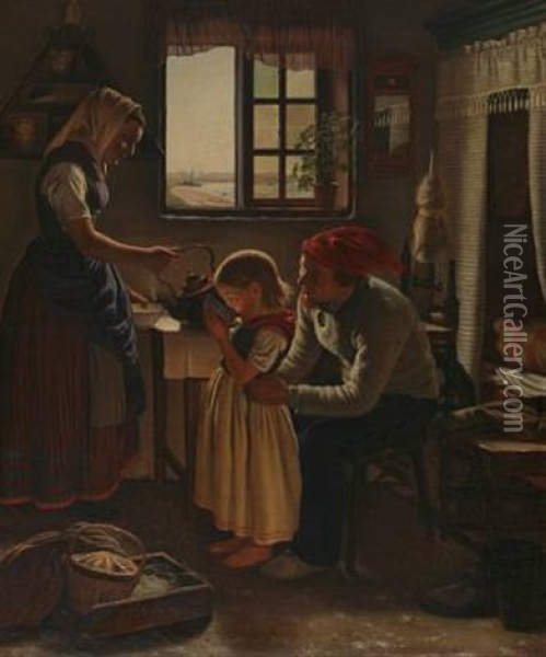 Interior With A Fisher Family From Skovshoved Neighbourhood, Denmark Oil Painting - Edvard Lehmann