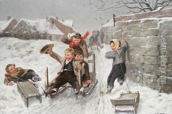 Winter Scene With Boys Sledging Downhill Oil Painting - Louis Somers