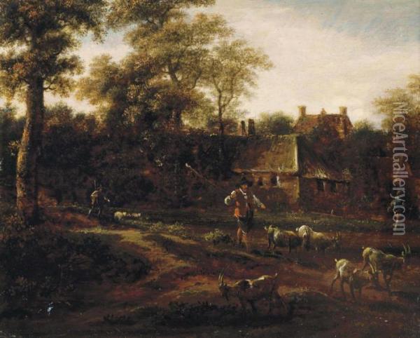 A Wooded Landscape Oil Painting - Meindert Hobbema