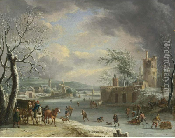 A Winter Landscape With Travellers In A Horse-drawn Carriage, Figures Skating And Sledding On The Ice, A Fortification In A Village Nearby, And Another Village With Mills And A Church Beyond Oil Painting - Dirk Iii Dalens