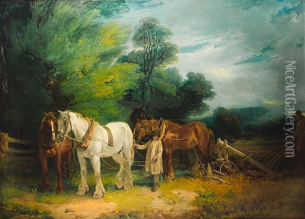A Ploughman And His Team By A Wood Oil Painting - Francis Wheatley