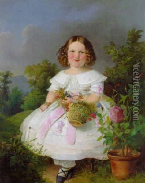 Kleines Madchen Mit Einem Blumenkorb Vor Waldlandschaft Oil Painting - Eduard Ritter