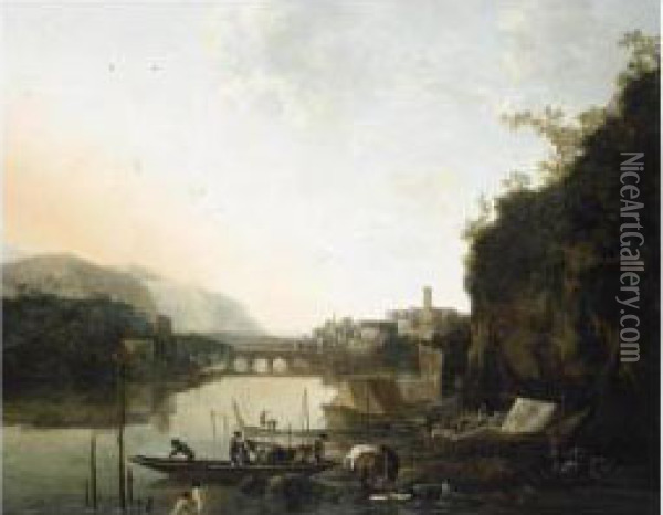 An Italianate River Landscape 
With A Capriccio View Of A Town And A Broken Bridge Beyond, A Ferry-boat
 And Bathers In The Foreground Oil Painting - Adam Pynacker