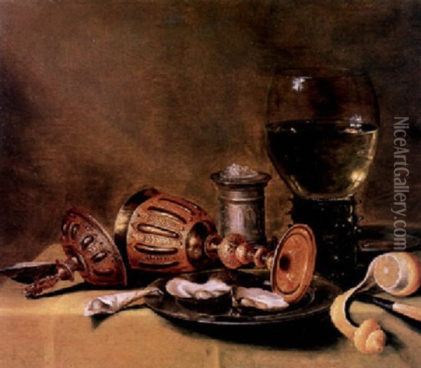 Oysters On A Pewter Plate, An Upturned Cup And Cover, A Roemer And A Silver Salt On A Draped Table Oil Painting - Gerrit Willemsz. Heda