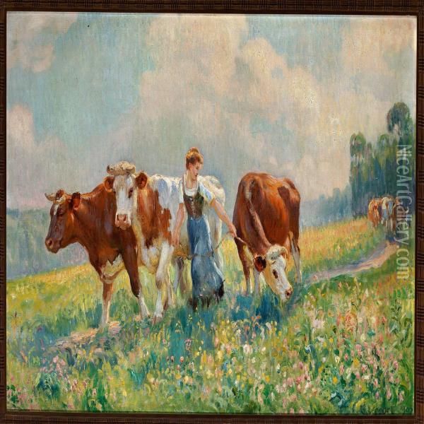The Cows Arebeing Brought Home For Milking Oil Painting - Raymond Louis Lecourt
