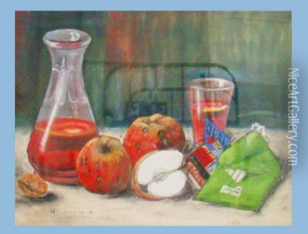 Stilleben Mit Apfel, Glas, Karaffe,streichholzschachtel, Couvert Und Nuss Oil Painting - Hans Hippele