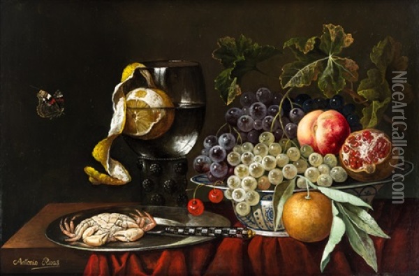 Still Life With Crab And Yellow Pomegranate Oil Painting - Antonio Rivas