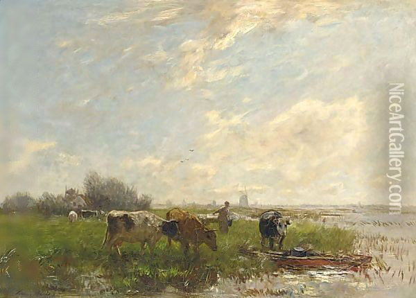 A Summer Landscape With Cattle And Windmills Oil Painting - Willem Maris