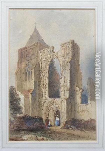 Figures Before A Ruined Abbey Oil Painting - Samuel Prout
