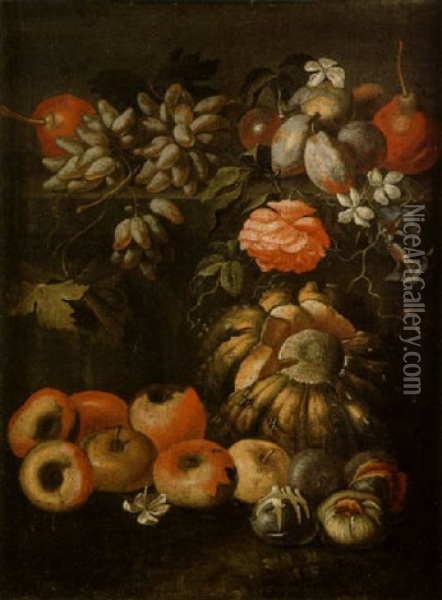 Nature Morte De Fruits Et De Fleurs Oil Painting - Michelangelo di Campidoglio