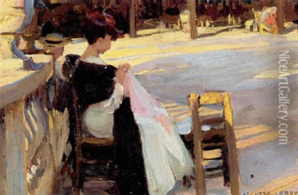 Ung Dame, Der Sidder I En Park Og Broderer Oil Painting - Auguste Leroux