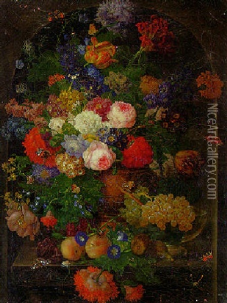 Roses, Parrot Tulips, And Other Flowers In A Terracotta Urn Oil Painting - Johann Baptist Drechsler