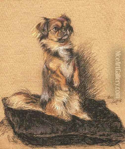 A Pekingese seated on a cushion Oil Painting - Cecil Charles Aldin