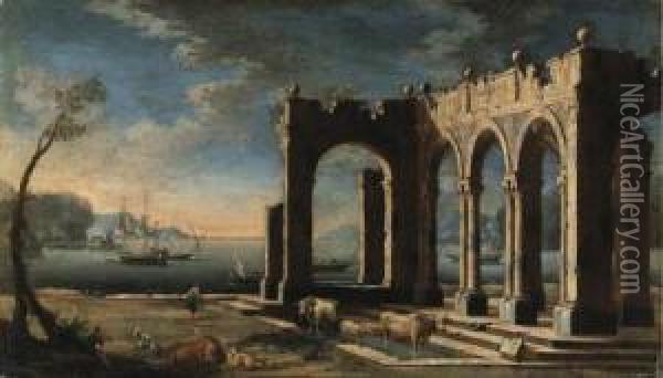 A Capriccio Of Architectural 
Ruins With A Dutch Frigate And Othershipping In A Bay Beyond Oil Painting - Leonardo Coccorant