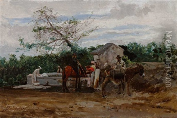 Brasilianische Landschaft; Zwei Reiter Mit Maultier Und Pferd An Einem Brunnen Mit Wascherinnen Oil Painting - Domenico De Angelis