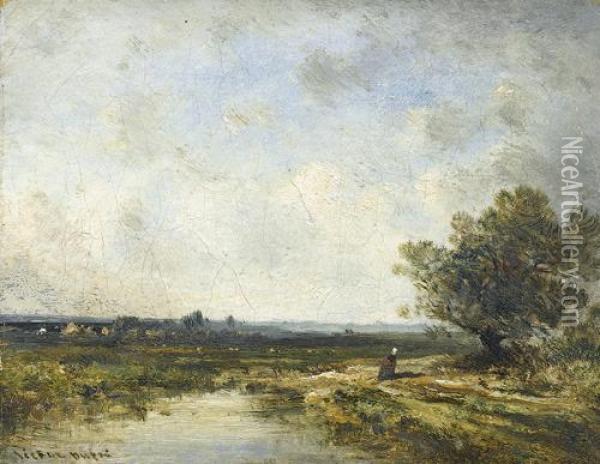 Flussuferpartie Mit Bauerin In Ebener Landschaft. Oil Painting - Leon Victor Dupre