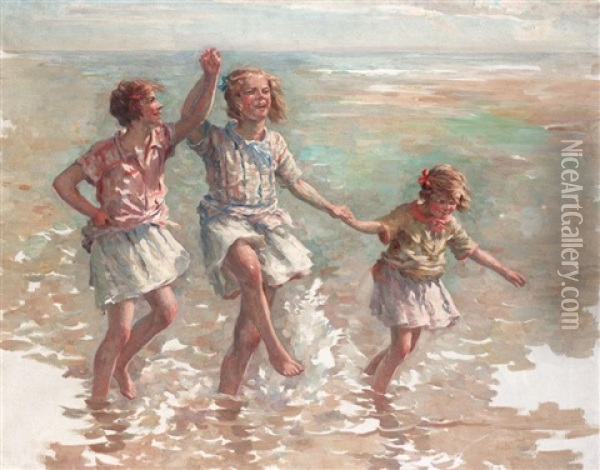 Paddling In The Sea Oil Painting - William Marshall Brown