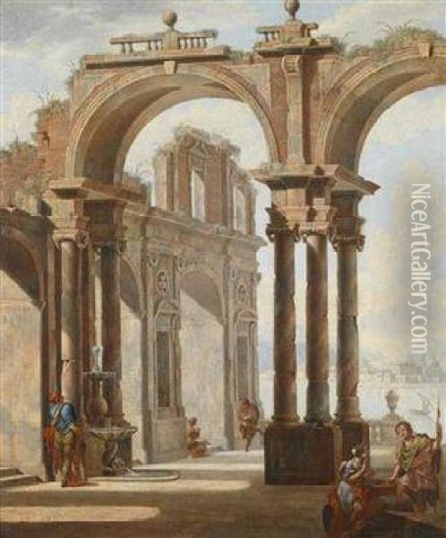 Two Architectural Capriccios With Figures Oil Painting - Giovan Gioseffo Santi