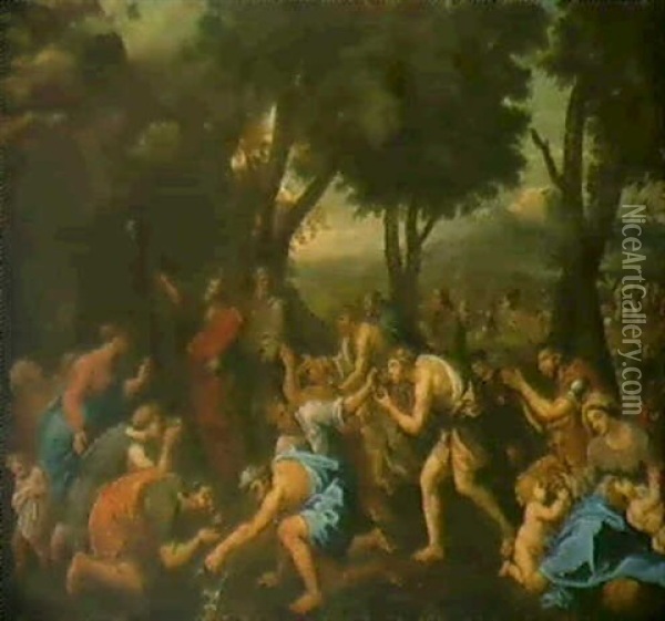 Quellwunder. Moses Immitten Der Israeliten Schlagt Mit      Seinem Stab Wasser Aus Dem Felsen Oil Painting - Sebastien Bourdon