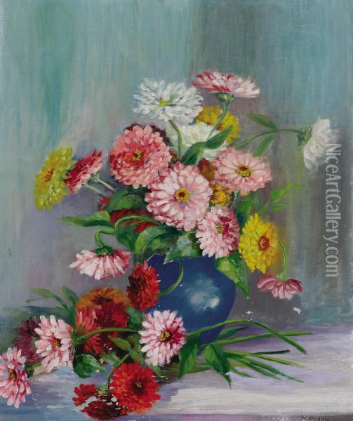 Untitled (still Life With Zinnias) Oil Painting - R.J. Nannie Huddle