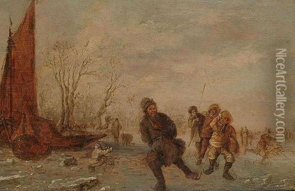 A Winter Landscape With Figures Skating On A Frozen River Oil Painting - Jan van Goyen