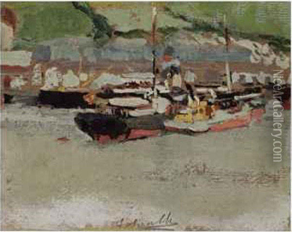 Boats In A Harbor Oil Painting - Joaquin Sorolla Y Bastida