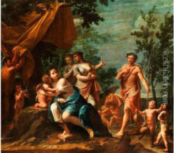 Antik-mythologische Szene Mit Dem Hirtenapollo, Der Sich Den Drei Grazien Nahert Oil Painting - Marco Antonio Rizzi