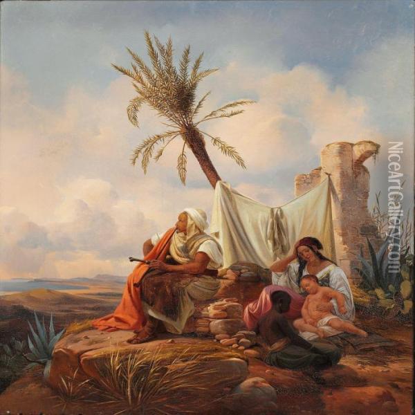 View Of North Africa With Figures Camping On A Hill Oil Painting - Niels Simonsen