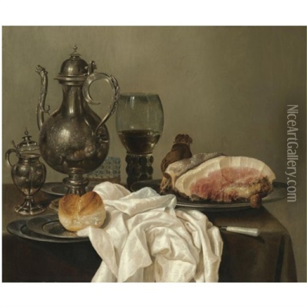 A Still Life With A Silver Tazza, A Silver Pot, A Roemer With White Wine, A Glass With Beer, Four Pewter Plates With A Bread Roll And A Shoulder Of Ham, All On A Green Table Cloth Oil Painting - Willem Claesz Heda