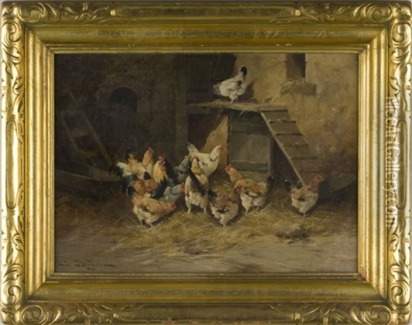 Poultry Yard Oil Painting - Jules Bahieu