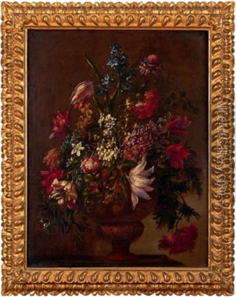 Bouquet De Fleurs Dans Un Vase Pose Sur Un Entablement Oil Painting - Mario Nuzzi