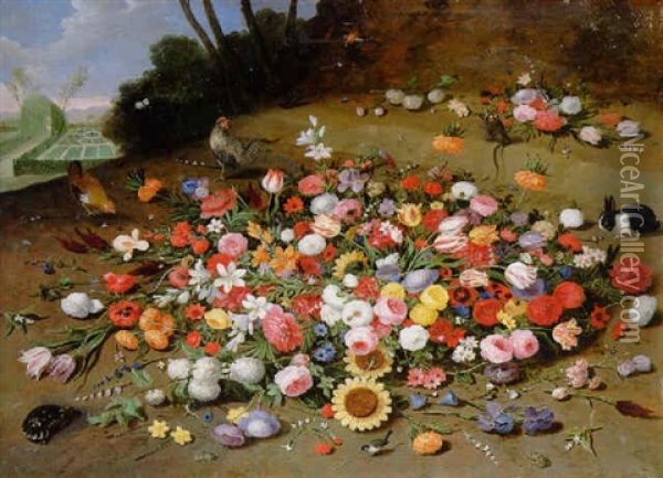 Parrot Tulips, Roses, Sunflowers And Other Flowers, With Chickens, A Tortoise And Other Animals On A Hillside Oil Painting - Jan van Kessel the Elder