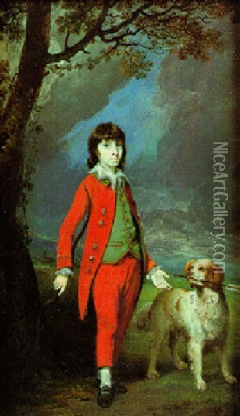 A Portrait Of Sir Lumley St. George Skeffington Bart. The Dramatist, As A Child, Wearing Scarlet Suit, By A Tree, With A Dog Oil Painting - George Engleheart