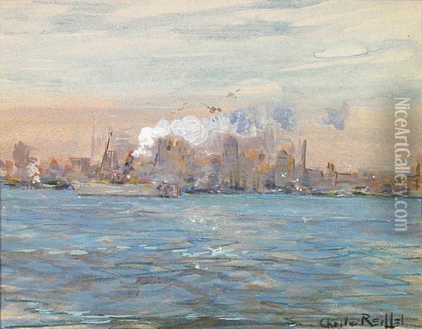 Boats Along The New York Skyline Oil Painting - Charles Reiffel