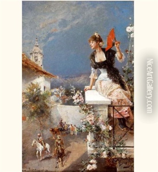 Jeune Femme Au Balcon Oil Painting - Mariano Alonso Perez