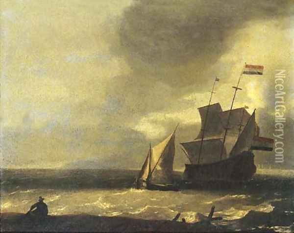 A fisherman on the beach watching a three-master and a smalschip in a gale Oil Painting - Ludolf Backhuysen
