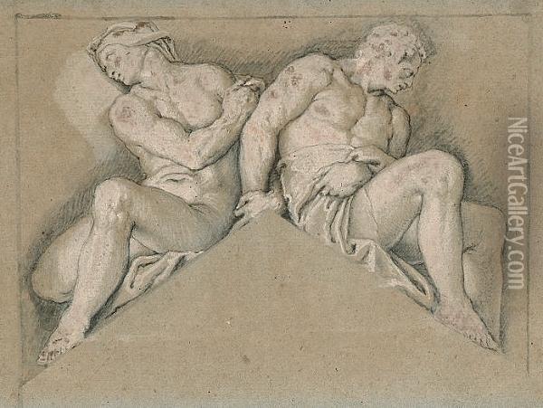 Two Ornamental Nude Figures Seated On A Pediment Oil Painting - Paolo Veronese (Caliari)