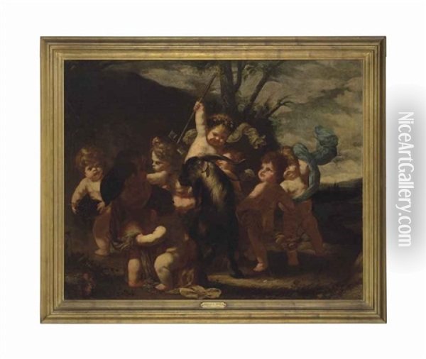 Putti Playing With A Goat In A Wooded Landscape Oil Painting - Giovanni Andrea Podesta