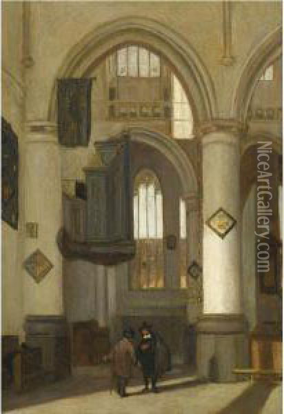 The Interior Of Delft Cathedral With Two Figures Conversing In The Foreground Oil Painting - Emanuel de Witte