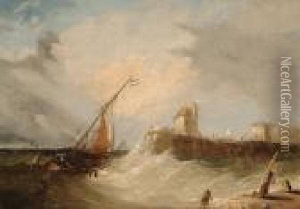 A Dutch Fishing Boat Off A Pier Oil Painting - Alfred Montague
